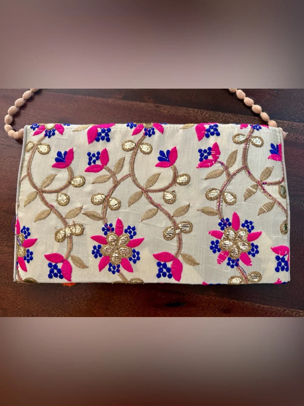 Anthropologie Embroidered Cream Clutch with Multicolor Pom Poms